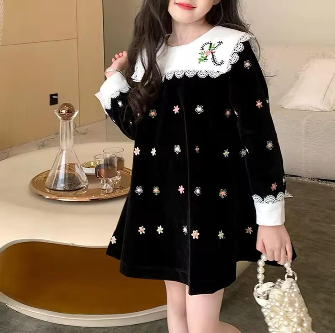 Robe brodée en velours a manches longues pour filles