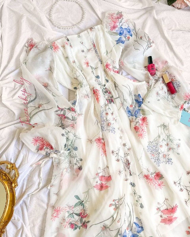 Robe mi-longue francaise élégante à fleurs