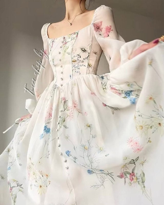 Robe mi-longue francaise élégante à fleurs
